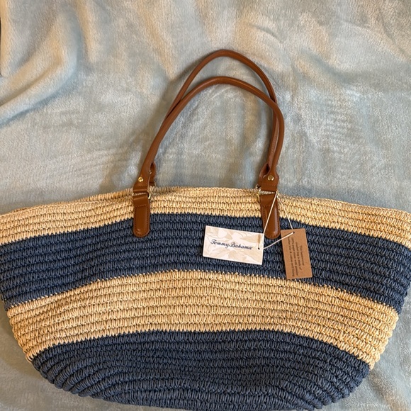 Tommy Bahama Blue and Tan Striped Tote Bag